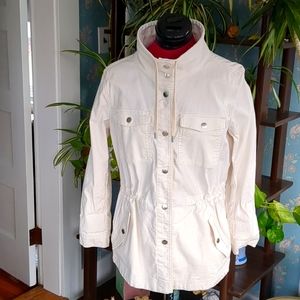 Loft Tie Neck Adjustable Waist Snap Front Flap Pocket Twill Jacket SP